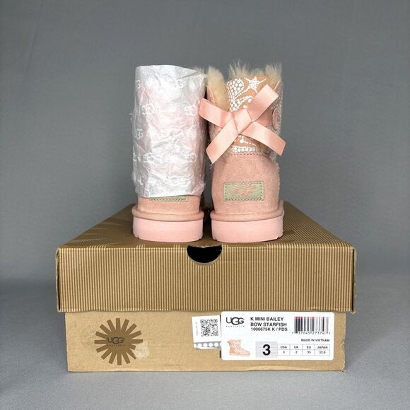 Girls Sz 3 UGG Boots Bailey Bow PDS Light Pink Peach Suede Wool Fast Shipping - Picture 3 of 16